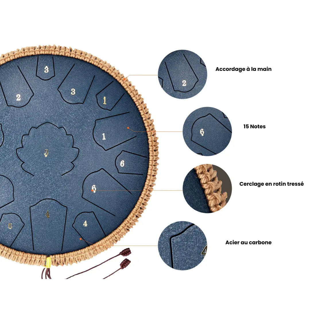 Tongue Drum 14 Pouces 15 Notes Ré Majeur — Steel Tongue Drum Acier, Coffret Complet